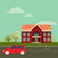 Landscape with a house and a road, a car and a cyclist, background Royalty Free Stock Photo